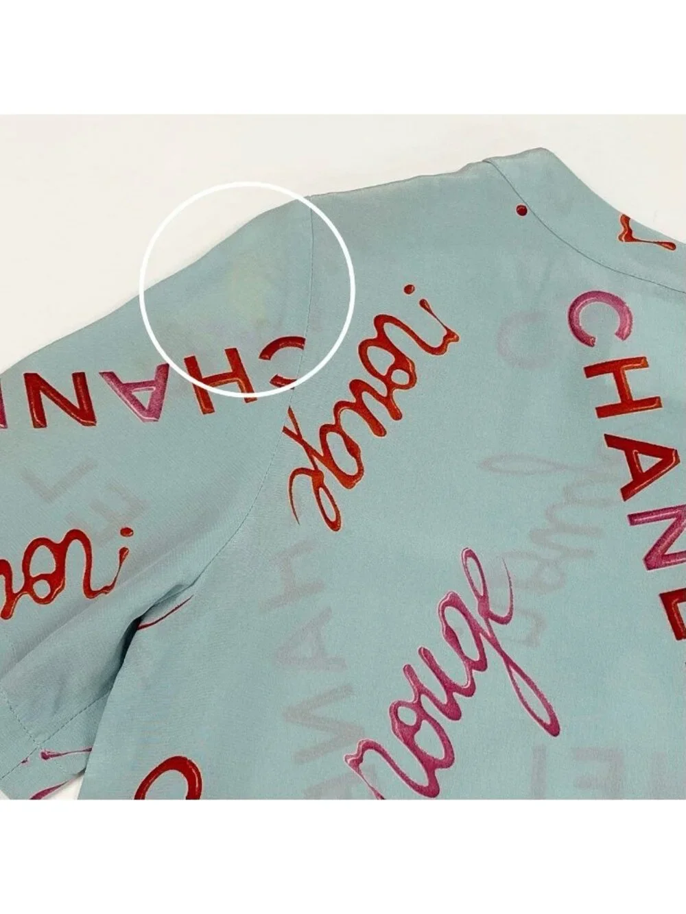 Chanel Vintage Logo Print Silk Blouse Short Sleeve 36 Blue Top